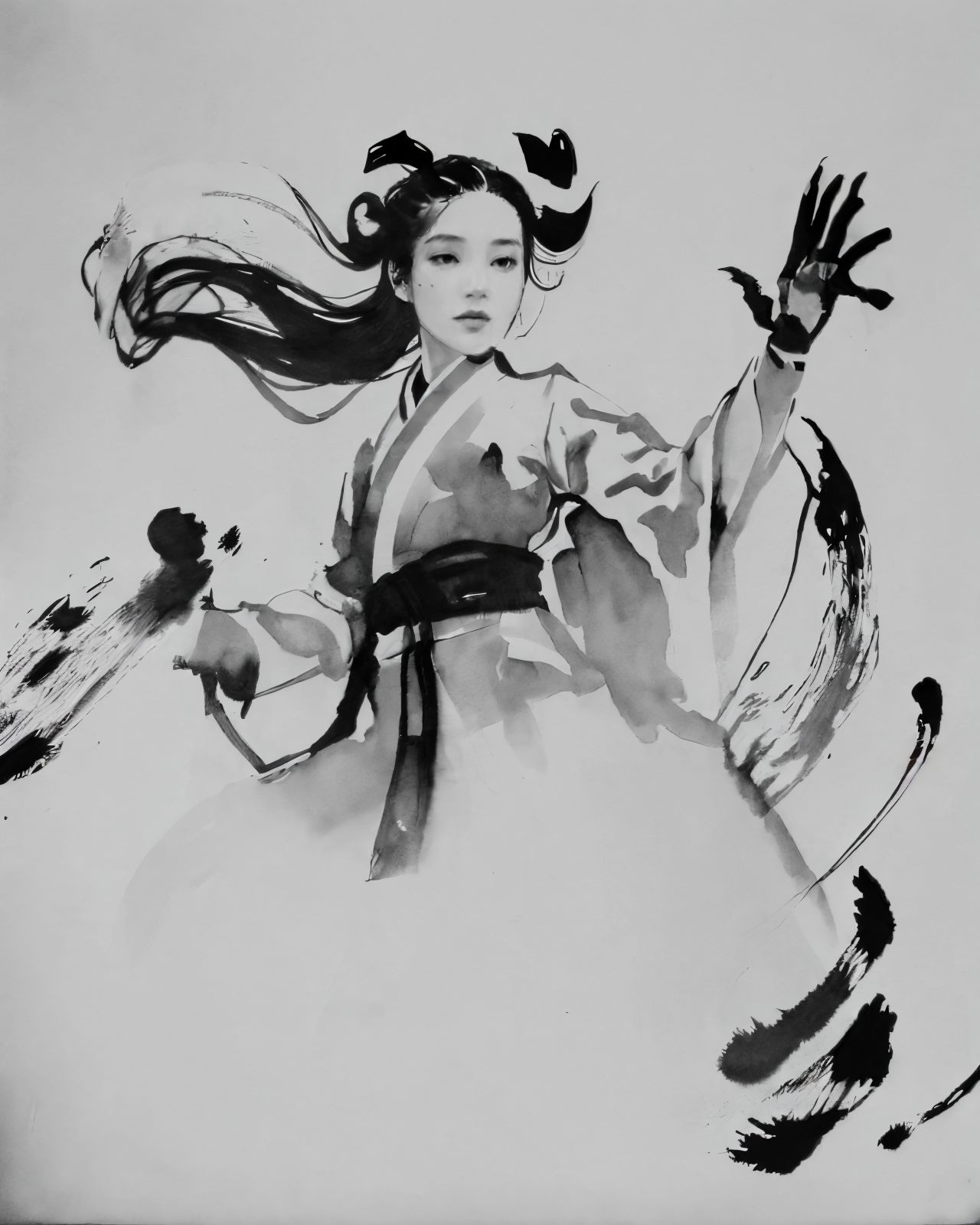 <lora:zyd232_InkStyle_v1_0:1.2> zydink, monochrome, ink sketch, 1girl, fighting stance, open hand, looking at viewer, long...